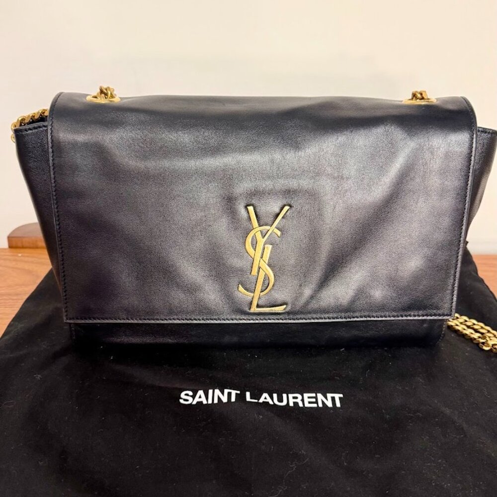 Yves Saint Laurent Reversible Black Leather & Sued Kate Bag w/ Gold Chain Strap